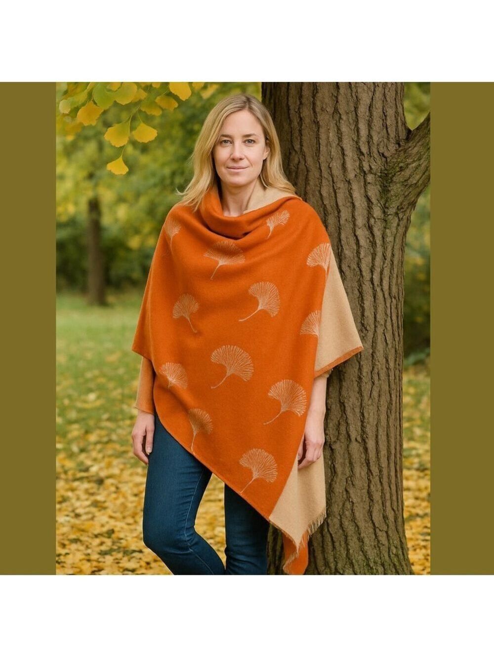 GINKGO LEAF ORANGE CREAM & OLIVE GREEN LAGENLOOK REVERSIBLE SHAWL WRAP 26" X 74"